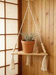 1pc Beige Bohemian Style Triangle Corner Hanging Wall Shelf, Layered Floating Display Rack, Rustic Minimalist Design With Tassel Details, Space-Saving Storage Organizer Suitable For Living Room, Bedroom, Bathroom, Kitchen, Apartment, Dorm, Plant Display, Bookshelf, Home Decor - Beige - View 4