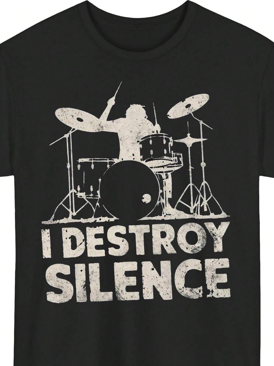 Camiseta Gráfica Ligera y Cómoda 'I Destroy Silence' para Bateristas - Camiseta Casual de Manga Corta con Cuello Redondo para Verano - Negro - Ver 1