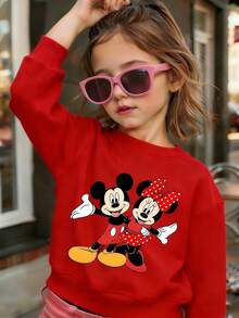 Disney Shining Boy  Mickey And Minnie Mouse Cartoon Print Elements, A Casual And Simple Round Neck Sweatshirt Suitable For Autumn And Winter Wear. The Material Is Soft And Warm, Suitable For Both Boys And Girls To Wear. Festival Gift - Đỏ - Xem 1