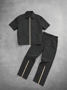 Men's New Zip-Up Short Sleeve & Long Pants 2-Piece Set, Casual Street Style Outfit For Spring/Summer, Outdoor & Daily Wear - Black - View 3