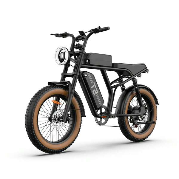 Vélo électrique rétro pour homme T2, pneus Fatbike 20 x 4 pouces, batterie 48 V 15,6 Ah, suspension intégrale, freins à disque hydrauliques, 7 vitesses, tout-terrain.