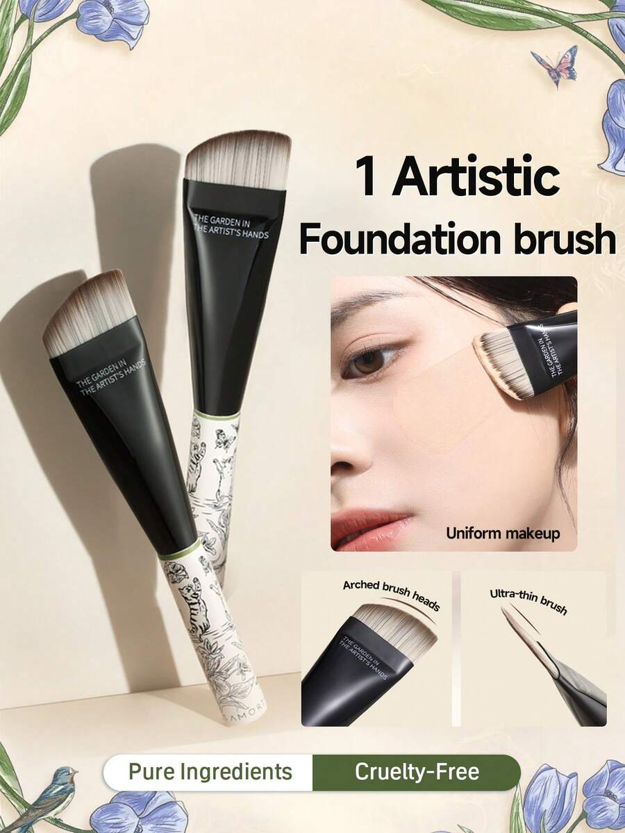 Amortals Garden Series Face Makeup Brush, Flat Head Foundation Brush, Seamless Liquid Foundation Brush, Suitable For Beginners, Makeup Artists, Gifts, Dates, Weddings, Christmas, Halloween, Thanksgiving, Graduation, Birthdays, Holidays, Y2K, Fashionable Women, Cosmetics, Beauty, Parties, Beach, Travel, Camping, Campus, Celebrations, Decorative Gifts, Rose Girl, Cosplay, Premium Makeup Ambiance - 彩色 - 查看 1