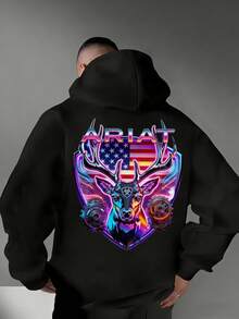 Men's A RIAT Hardcore Patriotic Hoodie: Laser Deer Head + American Flag + Brand Logo Top, American Retro Street Style Pullover, Perfect For Patriotic Community Check-Ins/Skateboarding On Campus, Highly Recognizable Loose And Comfortable Pullover - 黑色 - 查看 1