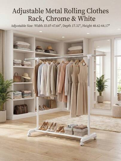 Adjustable Metal Rolling Clothes Rack | Sturdy With Wheels, & White