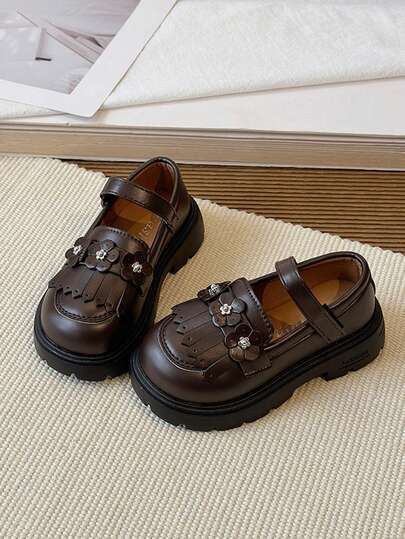 1 Pair Girls' Soft Bottom Princess Shoes, 2025 Spring/Autumn New Arrival Children's British Style Genuine Leather Shoes, Lace Bow Decor Flat Loafers, Round Toe, Student Formal Dress Shoes, Princess Style, Suitable For Outfits And Dresses, Black, Brown