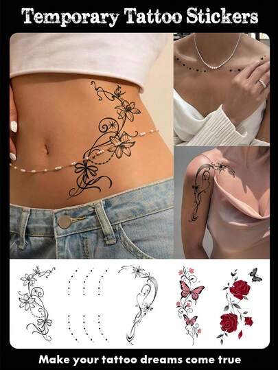 男女皆宜的人体彩绘临时纹身贴纸，时尚浪漫的玫瑰、蝴蝶和小爱心图案。防水材质，可维持2-5天，可用于手部、手臂、颈部、肩部、腰部和腿部。是节日、派对、送礼、婚礼、度假、音乐节和身体装饰的理想之选。