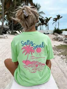 Plus Size-SALTY SOUL Women's Spring/Summer New Coconut Tree & Sunshine Print Casual Round Neck Short Sleeve T-Shirt, Fashion Versatile, Essential Daily & Vacation Wear. Vacation Printed T-Shirt For Women-1XL-5XL - 草綠色 - 查看 1