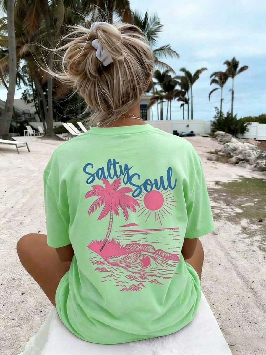 Plus Size-SALTY SOUL Women's Spring/Summer New Coconut Tree & Sunshine Print Casual Round Neck Short Sleeve T-Shirt, Fashion Versatile, Essential Daily & Vacation Wear. Vacation Printed T-Shirt For Women-1XL-5XL - 草綠色 - 查看 1