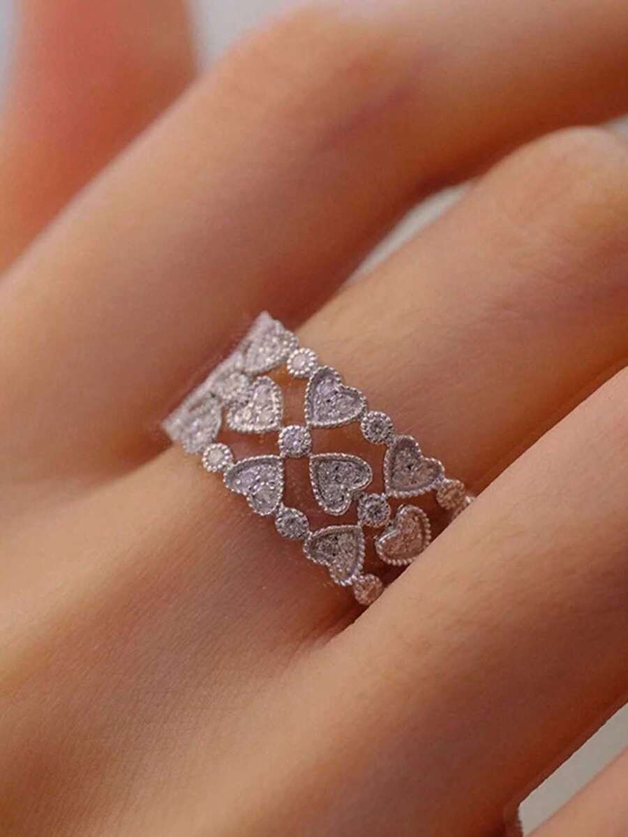 精致三层心形蕾丝边椭圆形几何戒指，情人节送给女性的珠宝礼物 - 白色 - 查看 1