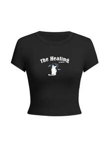 Women's Round Neck Short Sleeve T-Shirt American Hot Girl, Summer New Cartoon Cat Pattern And Letter Print Fashion Versatile Slim Fit Cropped Top - Black - View 3