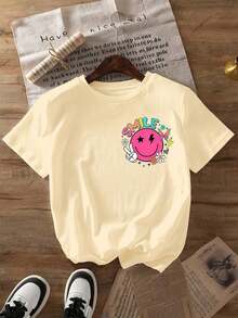 Spring TopsINAWLY Women Letter & Smile Print Round Neck Casual Versatile Short Sleeve T-Shirt, SummerLoose And Comfortablespring - Màu Khaki - Xem 2