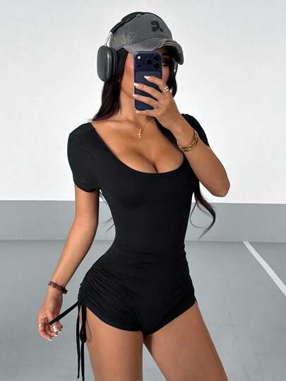 AITYI Studio Women's Jumpsuit, Well Fitted Casual U-Neck Ruched Drawstring Black Slim Comfortable Fashionable Sexy Outdoor Sports Versatile Design Y2K Chic, Suitable For Graduation, Carnival, Music Festival, Spring & Summer Stretchy Knit Short Sleeve Romper