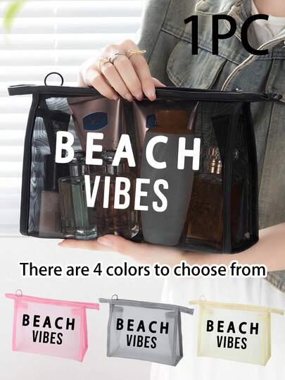 Women's "Beach Vibes" Mesh Makeup Bag, Beach-Themed Letter Print Transparent Zipper Pouch In Multiple Colors, Mesh Handbag, Lager Capacity Beach Mesh Cosmetic Bag, Portable Travel Toiletry Bag For Cosmetics, Beach Essentials, Skincare, Lightweight Mesh Skincare Bag, Multi Functional Storage Bag