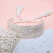 1pc Embroidered Heart & Letter "LOVE" Handmade Braided Bracelet, Vintage Tassel Boho Style, Suitable For Friends, Family, Holidays, Travel, Parties, Weddings, Gift - Beige - View 3