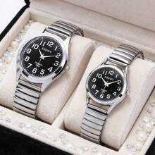 XAPWV 一对金色情侣石英表，弹性表带，大号数字，时尚简约休闲腕表，男女皆宜 - 彩色 - 查看 2