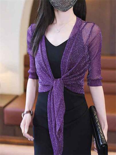 Women's Shiny Long Sleeve Transparent Front Tie Cardigan, Party Lightweight Short Shrug