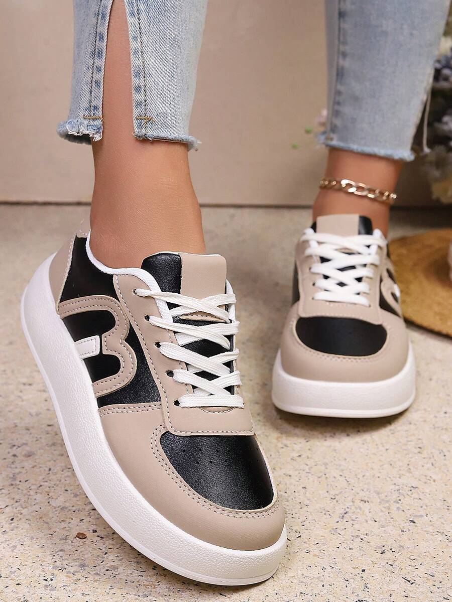 女士字母图案厚底运动鞋，春秋新款百搭休闲平底防滑白色鞋，学生鞋 - 黑色 - 查看 1