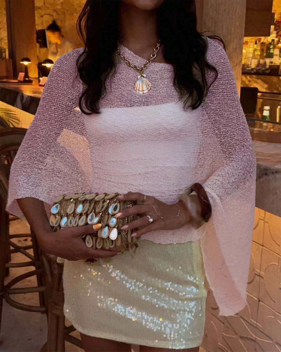 Women Sheer Mesh Poncho Top Crochet Knit Lightweight See Through Shawl Wrap Summer Oversized Loose Shrug Beachwear Swimsuit Bikini Cover Ups - 淺粉色 - 查看 1