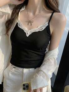 白色蕾丝边吊带背心，带衬垫胸部，女士叠穿背心，春夏新品 - 黑色 - 查看 3
