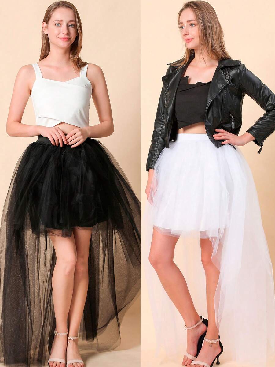 Falda de cola de pez con parte delantera corta y parte trasera larga, en negro/blanco, falda de tul con capas, falda de estilo gótico de malla, falda maxi de cola de pez con 4 capas de tul + 1 forro, falda con cola para tallas grandes, falda para actuaciones en el escenario, festival, cumpleaños - Multicolor - Ver 1