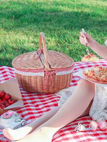 1个便携式野餐篮，带双门和盖子，户外防尘防虫，可拆卸，多功能户外野餐、聚会、旅行收纳篮 - 非食品接触。手工编织藤条野餐篮，亚麻内衬，购物篮，带盖收纳篮，礼品篮，乡村风格。 - A - 查看 2