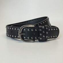 1 pieza Cinturón de piel sintética negra estilo punk para mujer, con remaches de doble hilera, correa versátil para la cintura. - Negro - Ver 1