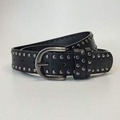 1 pièce Ceinture femme en PU noir style punk avec double rangée de rivets décoratifs, sangle polyvalente pour la taille