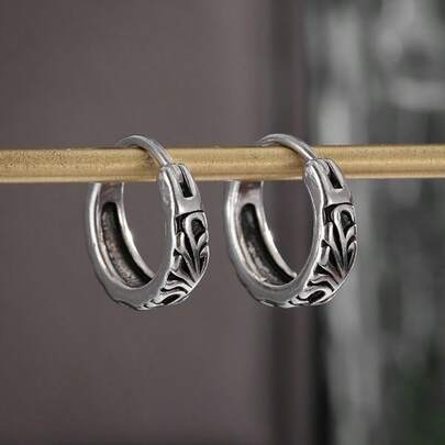 1 Pair Retro Engraved Huggie Earrings Antique Silver Plated Gothic Punk Style Earrings Fashion Jewelry Gift