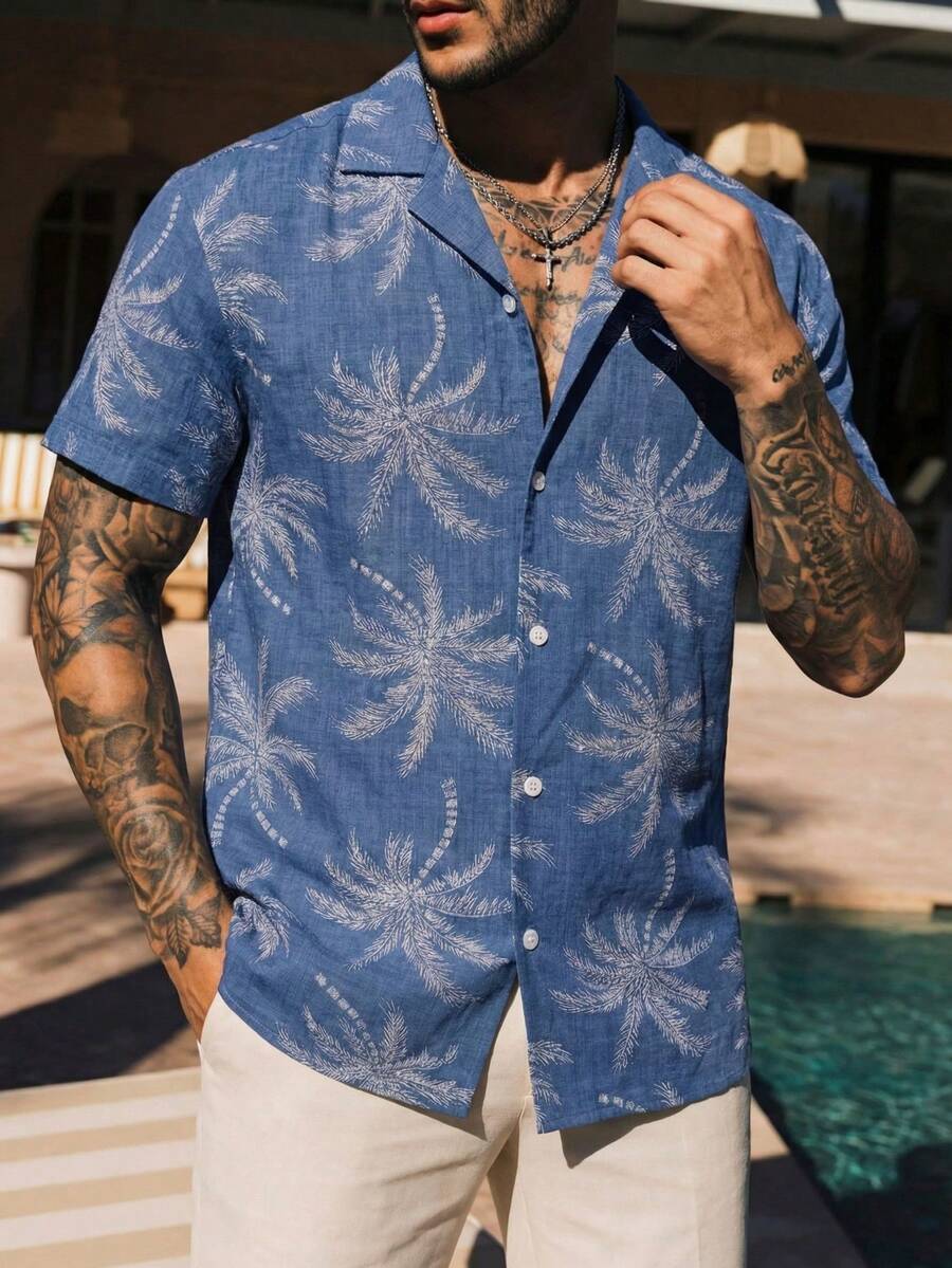 男士热带度假衬衫,宽松版型,蓝白棕榈树印花上衣,方形领,时尚海滩度假装扮 - 藍白色 - 查看 1