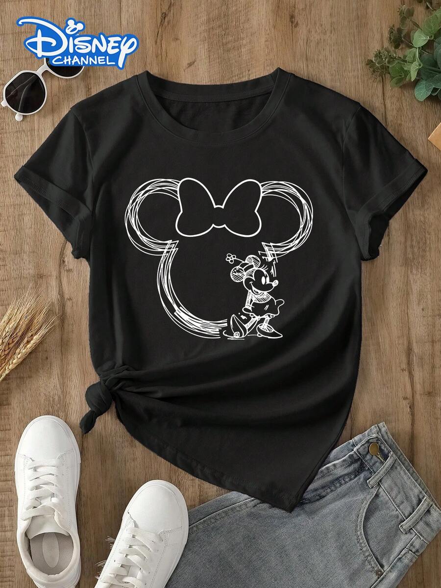 Disney Lady's T-Shirt, Featuring A Mickey Mouse Line Cartoon Pattern Print. Spring/Summer Style Women's Round-Neck T-Shirt. The Fabric Is Soft, Comfortable And Breathable, Suitable For Daily Wear, Shopping, Traveling, Parties, And When At Home. It Is Also Suitable As A Beautiful Gift. Every Lady Deserves To Own One. - 黑色 - 查看 1