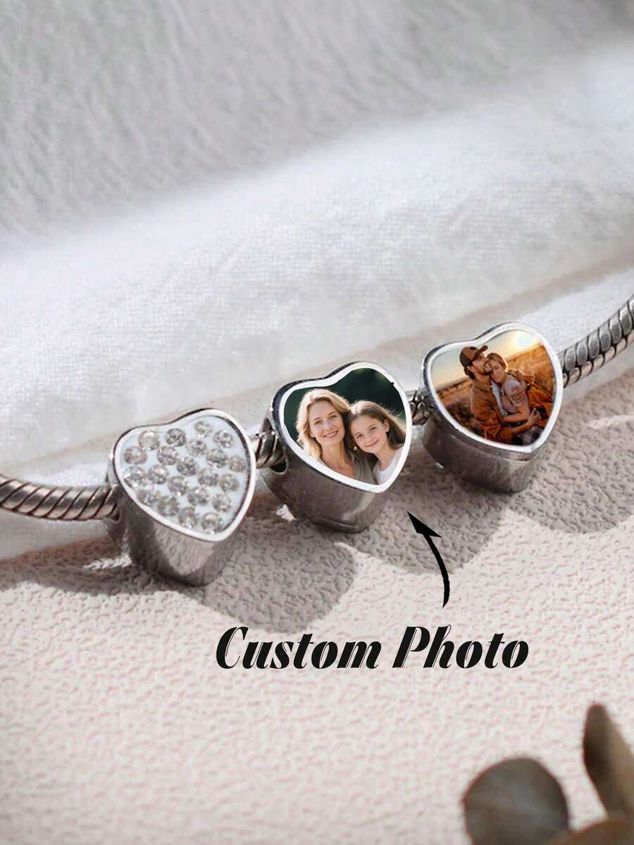 1pc Personalized Heart-Shaped Photo Pendant Bracelet, Custom Photo Pendant, DIY Bracelet, Mother's Day Gift, Heart-Shaped Photo Bead, Customized Photo Bracelet Pendant, Fits Bracelet, Personalized Photo Pendant, Photo Gift - White - View 1