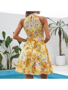 Women's Dress 2026 Spring Summer, New Collection, Elegant, Adjustable Strap, Ruffles, Wide Skirt, Floral Print, - Yellow - View 2