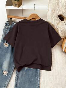 Cherry Print Round Neck Short Sleeve T-Shirt, Casual Children T-Shirt For Spring & Summer - Brown - View 2