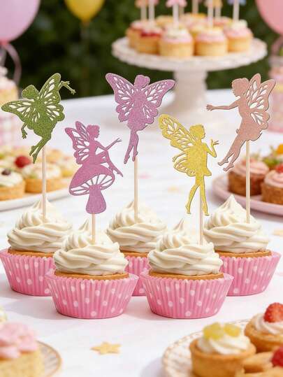 15pcs Glitter Fairy Cake Toppers, Baby Shower Party Cake Decorations, Princess Theme - Paper Material - No Feathers - Easy To Use, Suitable For Theme Party Cake Decor