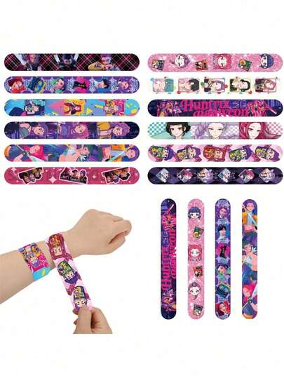 12/24 piezas Pulsera de presión con diseño de personaje de dibujos animados HUNTR Papa Cycle, accesorio de decoración para fiesta de cumpleaños, juguete para pulsera, regalo de calcetines navideños, regalo del Día de San Valentín y Pascua