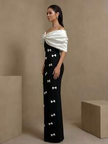 Elegant Sleeveless Off-Shoulder Long Bowknot Formal Evening Gown, Knitted Fabric With High Elasticity, Party Dress - Black and White - View 3