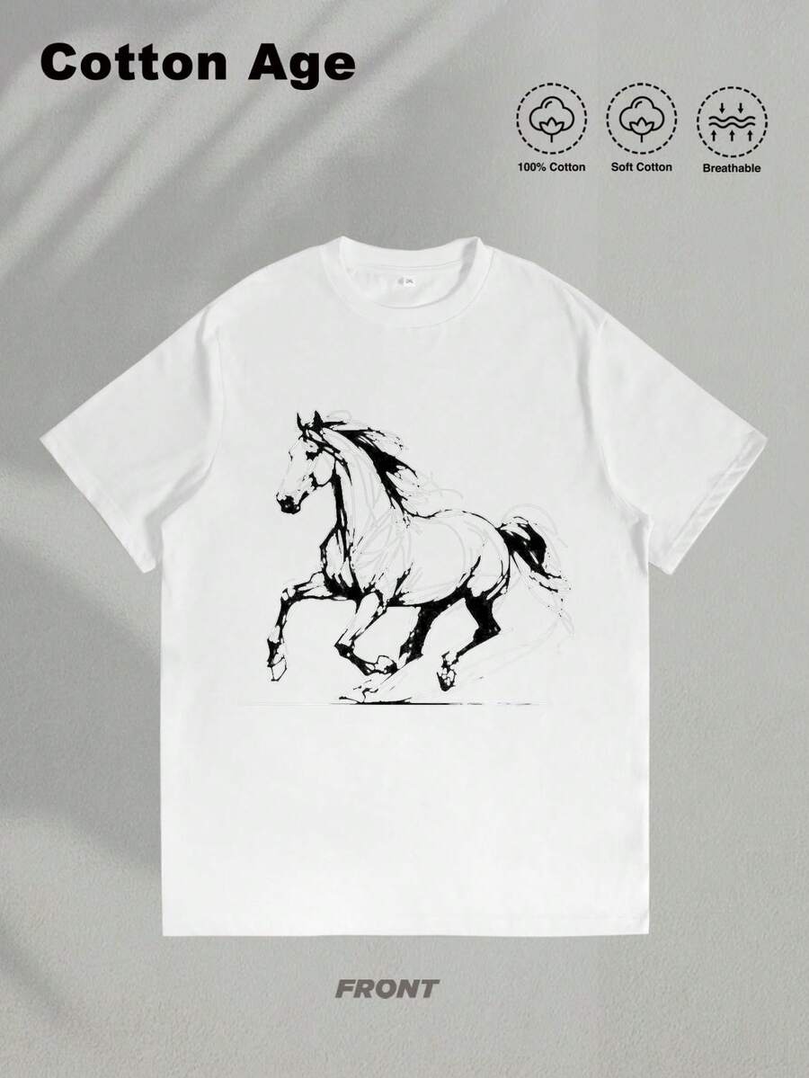 Camiseta de hombre manga corta para pareja diseño de caballo blanco ideal para regalo de cumpleaños para hombres regalo perfecto 100% algodón camiseta masculina de alta calidad estampada transpirable holgada suave y cómoda para uso casual en verano ideal para actividades al aire libre combinación de pareja