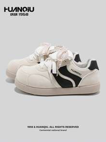 HUANQIU Giày thể thao nữ đế mỏng, mũi tròn, phối ren trắng, kiểu dáng ballet, thích hợp cho mùa xuân. - Đen và trắng - Xem 1