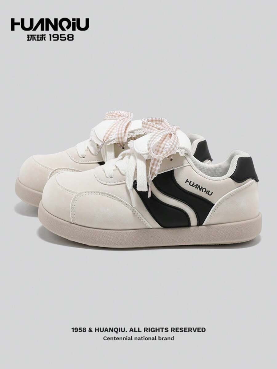 HUANQIU Giày thể thao nữ đế mỏng, mũi tròn, phối ren trắng, kiểu dáng ballet, thích hợp cho mùa xuân. - Đen và trắng - Xem 1