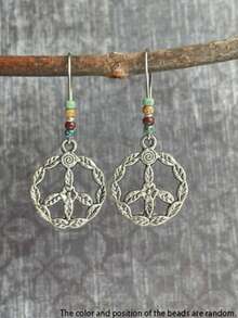 1pc Intricate Geometric Hollow Flower Carved Spiral Beaded Bohemian Style Silver-Tone Pendant Earrings, Suitable For Gifts, Parties, Gatherings, And Daily Wear - Multicolor - View 5