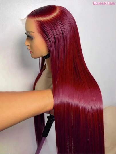 Peluca de cabello humano virgen brasileño con densidad del 200% y raya recta de color borgoña, con encaje pre-arrancado, de 28 pulgadas, con correa invisible, con encaje frontal de 13x4 y peluca con cordón de 34 pulgadas, color 99J vino tinto, con encaje frontal transparente de 13x4 y peluca de cabello humano mezclado para mujeres