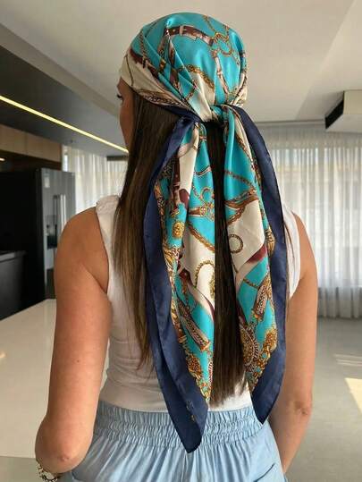 1PC Women's Vintage Luxurious Chain Embroidered Scarf, Casual And Fashionable Bandana Silk, Suitable For Spring And Summer Island Getaways And Beach Parties