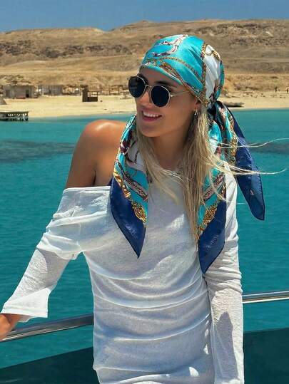 1PC Women's Vintage Luxurious Chain Embroidered Scarf, Casual And Fashionable Bandana Silk, Suitable For Spring And Summer Island Getaways And Beach Parties