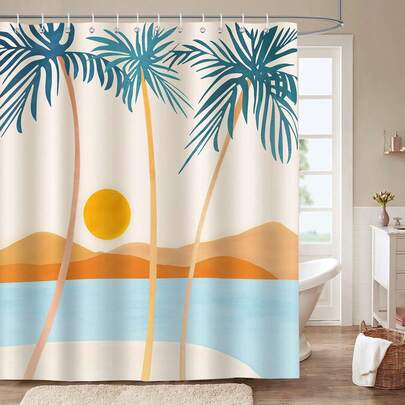1pc Tropical Beach Shower Curtain, Hawaiian Palm Tree Medieval Bohemian Shower Curtain Suitable For Bathroom Bathtub Partition, Bathroom Accessories Bathroom Shower Curtain Decoration