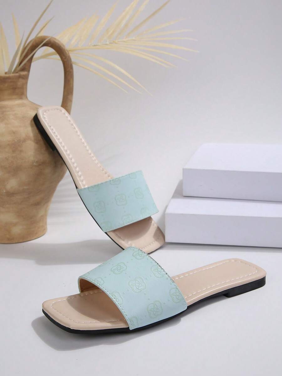 女士夏季时尚印花露趾平底凉鞋：日常休闲穿着的甜美之选 - 藍色 - 查看 1