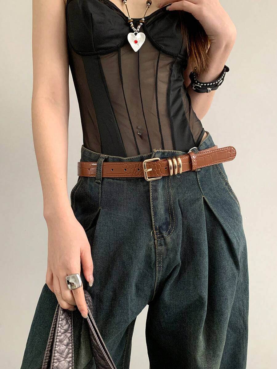 1条女士棕色PU材质高端小众金属环扣腰带 - 棕色 - 查看 1