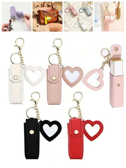 1/2pcs New Fashion Portable Lipstick Holder Gift Leather Compact Keychain Pendant, Heart Shaped Mini Makeup Mirror, Convenient For Outdoor Carry