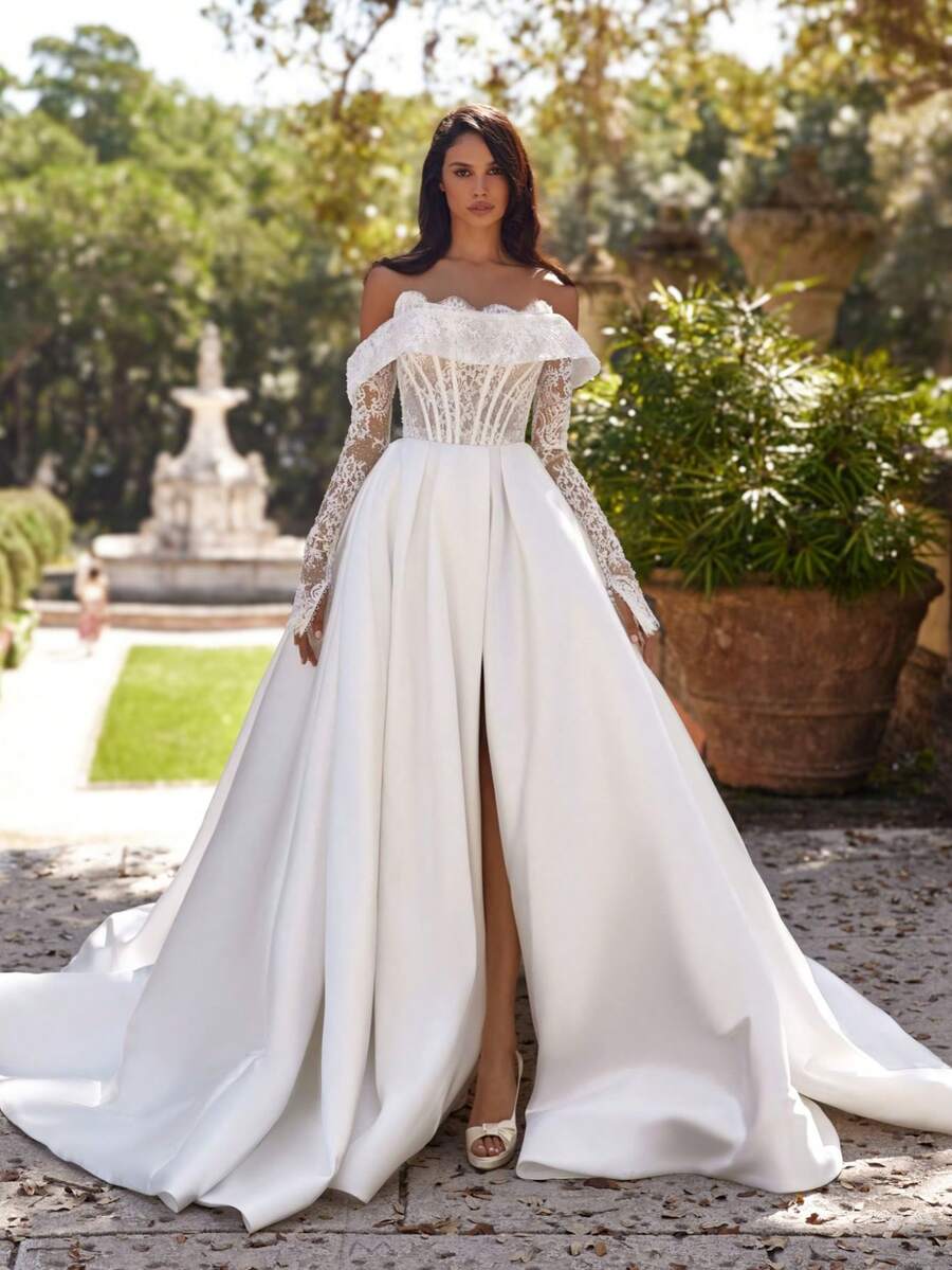 Elegant Off-The-Shoulder Lace Long Sleeve Illusion Bodice Satin Gown With High Slit & Train, Wedding Dresses For Bride, Elegant And Comfortable, Includes Plus Sizes, Bridal Gown, Formal Dresses For Women, Suitable For Wedding, Party, Vacation, Bride, Formal Occasions, Dinner Dress, Prom Dress, After-Party Dress, Homecoming Dress, Cocktail Party, Birthday Party, Celebration, Gala, Festival, Ceremony, White - 白色 - 查看 1