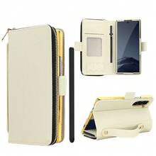 VIETAO Multifunctional Zipper Wallet Faux Leather Mobile Phone Case Bag Compatible With Samsung Galaxy Z Fold 4 5 6 7 Wrist Band Golden Plated Protective Cover - Off White - View 1
