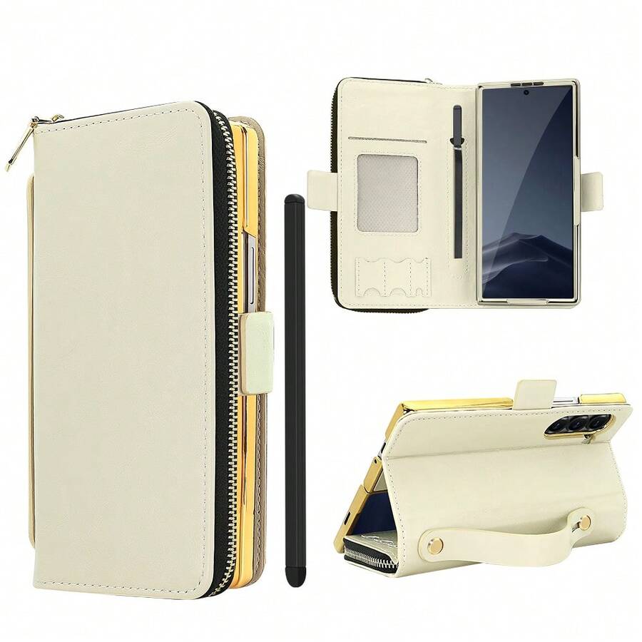 VIETAO Multifunctional Zipper Wallet Faux Leather Mobile Phone Case Bag Compatible With Samsung Galaxy Z Fold 4 5 6 7 Wrist Band Golden Plated Protective Cover - Off White - View 1